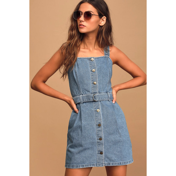 Lulus MPD Andy Denim Button-Front Belted Mini Dress Womens Sz S Medium Wash - Picture 1 of 11